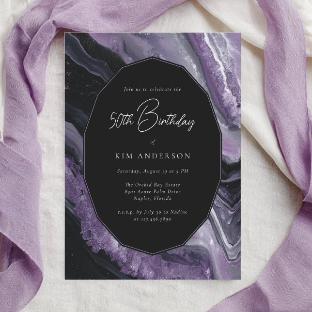 Agate Purple Black Modern Stylish 50th Birthday Invitation (Creator Uploaded)