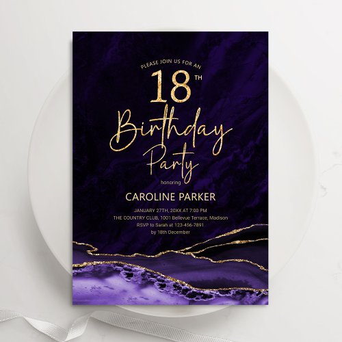 Agate Purple Gold 18th Birthday Invitation