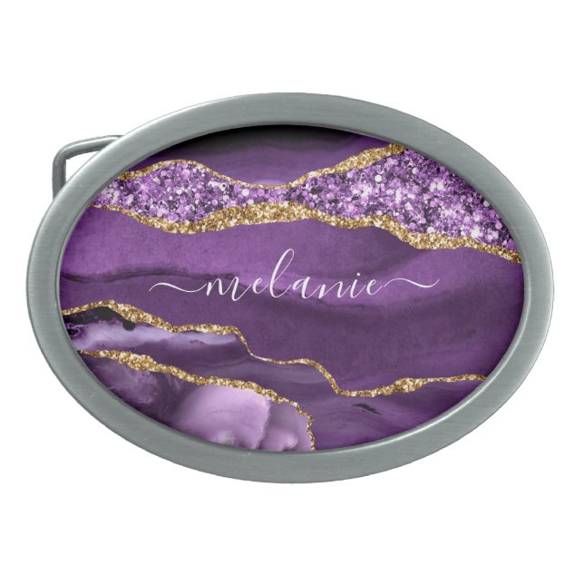 Agate Purple Gold Belt Buckle with Custom Name (Front)