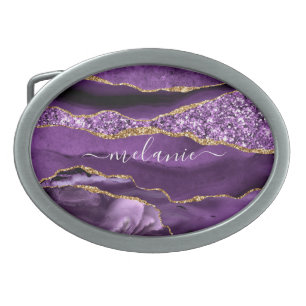 Agate Purple Gold Belt Buckle with Custom Name