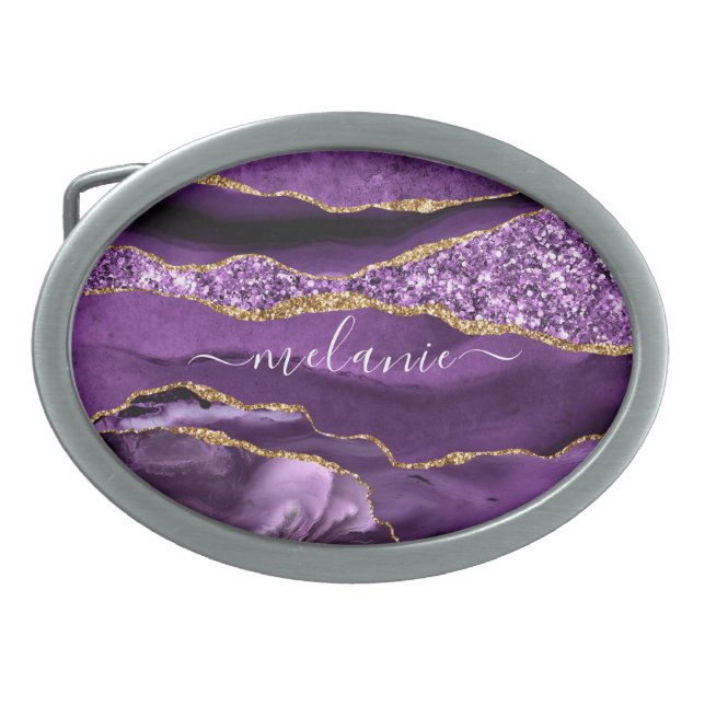 Agate Purple Gold Belt Buckle with Custom Name (Front)