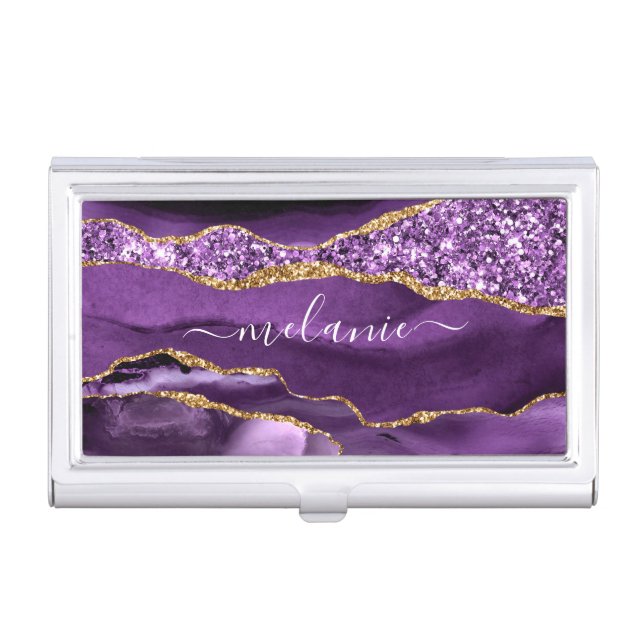 Agate Purple Gold Custom Name Business Card Case (Front)