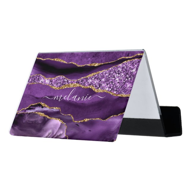 Agate Purple Gold Custom Name Business Card Holder (Angled Back)