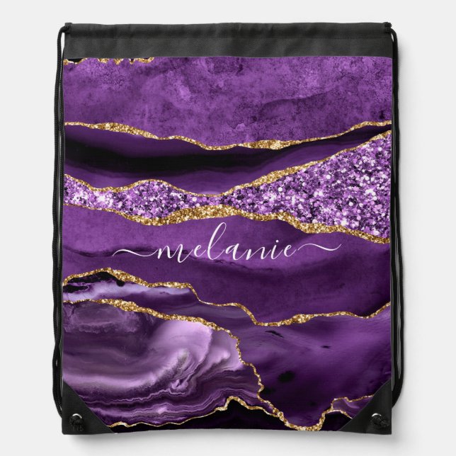 Agate Purple Gold Custom Name Drawstring Bag (Front)