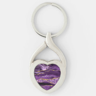 Agate Purple Gold Custom Name Keychain Gift
