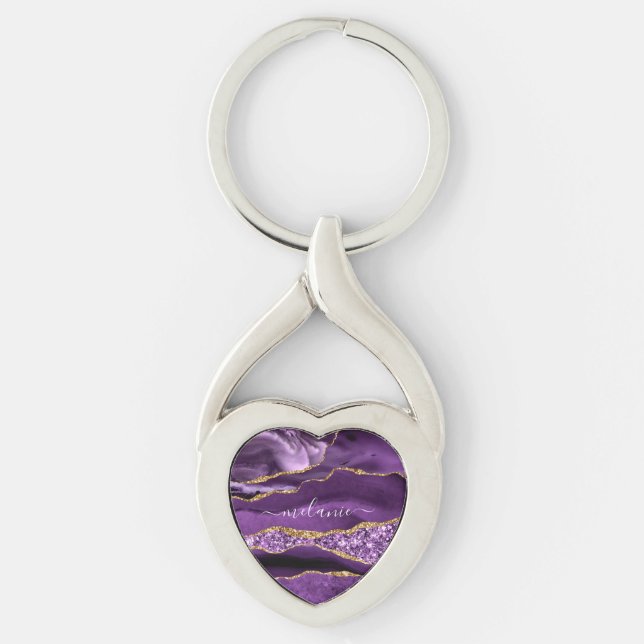 Agate Purple Gold Custom Name Keychain Gift (Front)