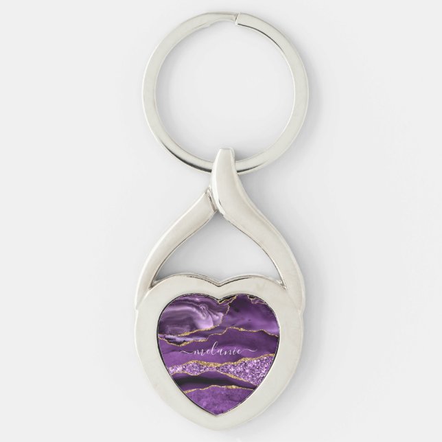 Agate Purple Gold Custom Name Keychain Gift (Front)