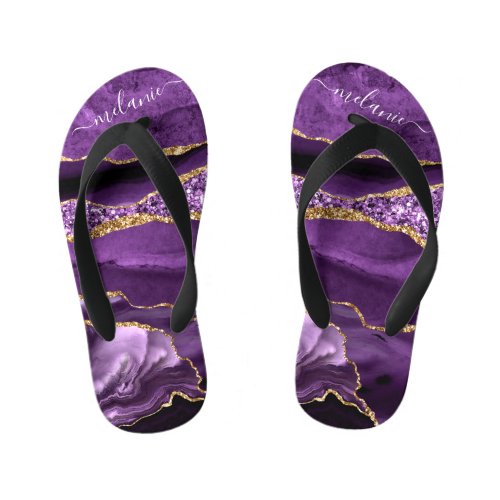 Agate Purple Gold Custom Name Kids Flip Flops