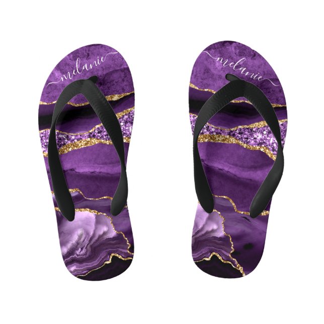 Agate Purple Gold Custom Name Kid's Flip Flops (Footbed)