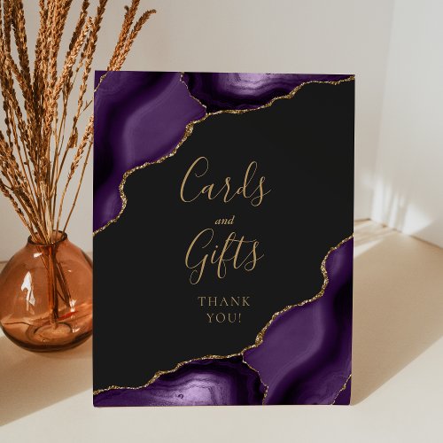Agate Purple Gold Dark Wedding Cards and Gifts Pedestal Sign