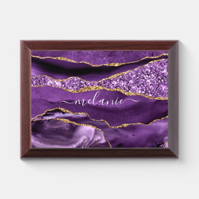 Agate Purple Gold Glitter Award Plaque Custom Name (Horizontal)