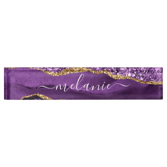 Agate Purple Gold Glitter Custom Desk Name Plate (Front)