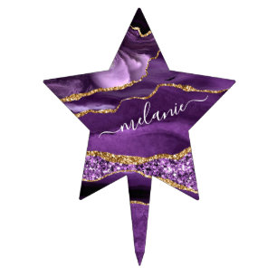 Agate Purple Gold Glitter Custom Name Cake Topper