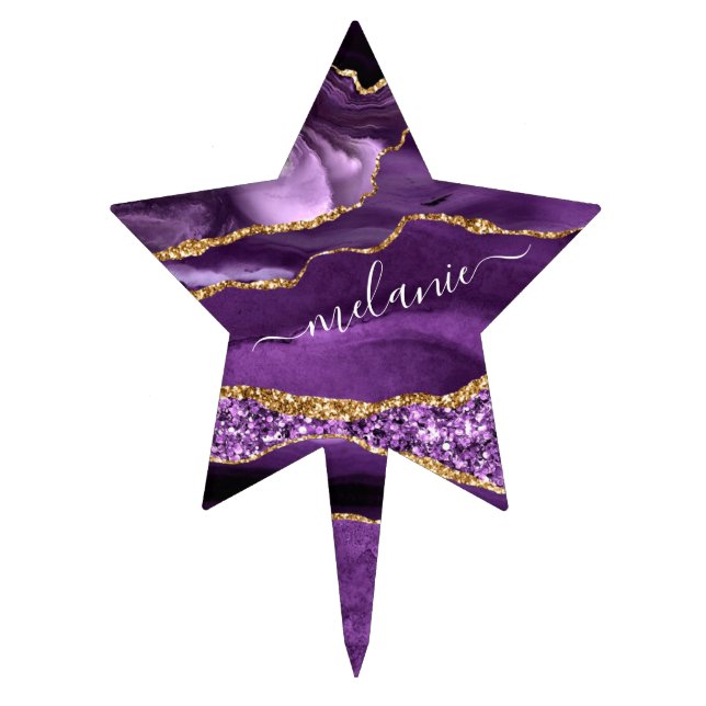 Agate Purple Gold Glitter Custom Name Cake Topper (Front)