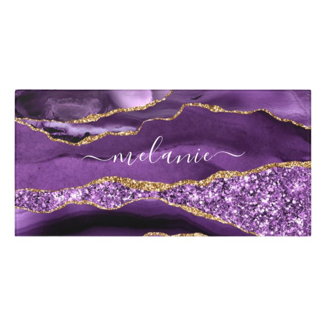 Agate Purple Gold Glitter Custom Name Door Sign (Classic Front)