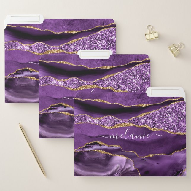 Agate Purple Gold Glitter Custom Name File Folder (Set)