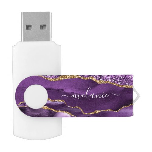 Agate Purple Gold Glitter Custom Name Flash Drive