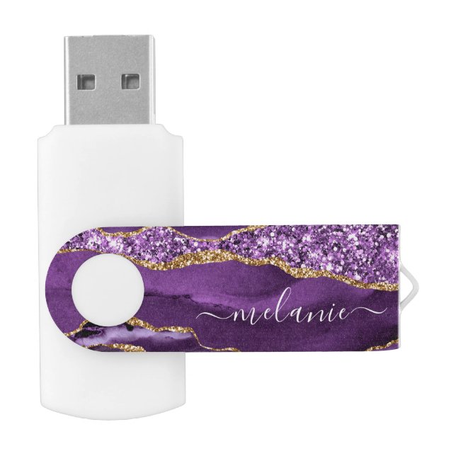 Agate Purple Gold Glitter Custom Name Flash Drive (Opened)