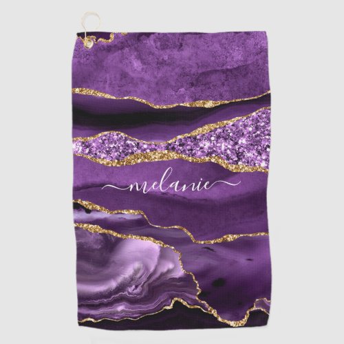 Agate Purple Gold Glitter Custom Name Golf Towel