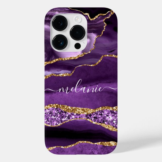 Agate Purple Gold Glitter Custom Name iPhone Case (Back)