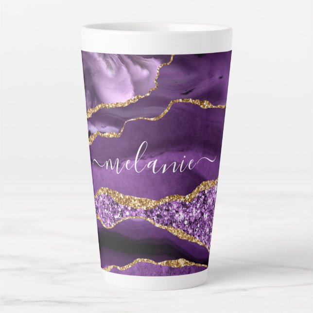 Agate Purple Gold Glitter Custom Name Latte Mug (Front)
