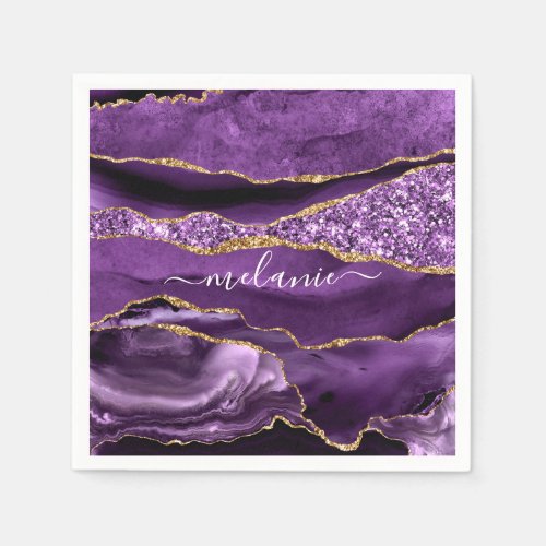 Agate Purple Gold Glitter Custom Name Napkins