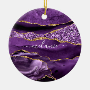 Agate Purple Gold Glitter Custom Name Ornament