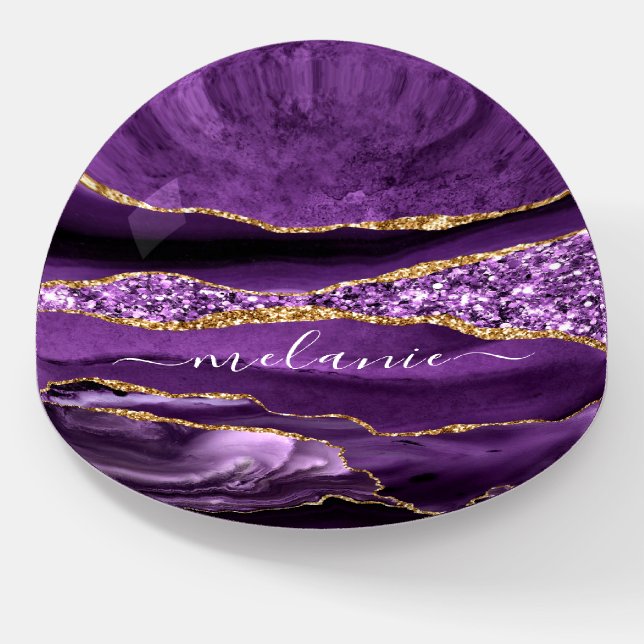Agate Purple Gold Glitter Custom Name Paperweight  (Angled)