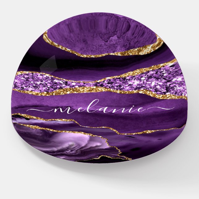 Agate Purple Gold Glitter Custom Name Paperweight (Angled)