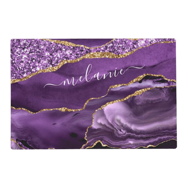 Agate Purple Gold Glitter Custom Name Placemat (Back)