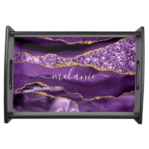 Agate Purple Gold Glitter Custom Name Serving Tray