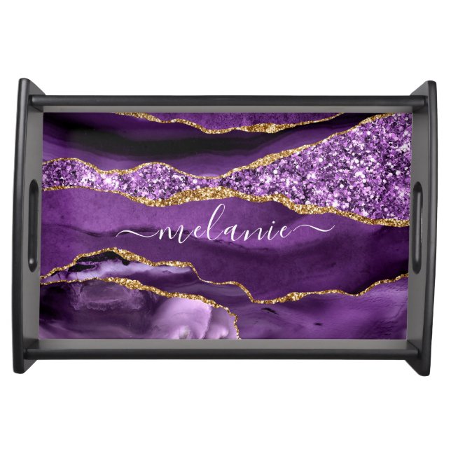 Agate Purple Gold Glitter Custom Name Serving Tray (Front)