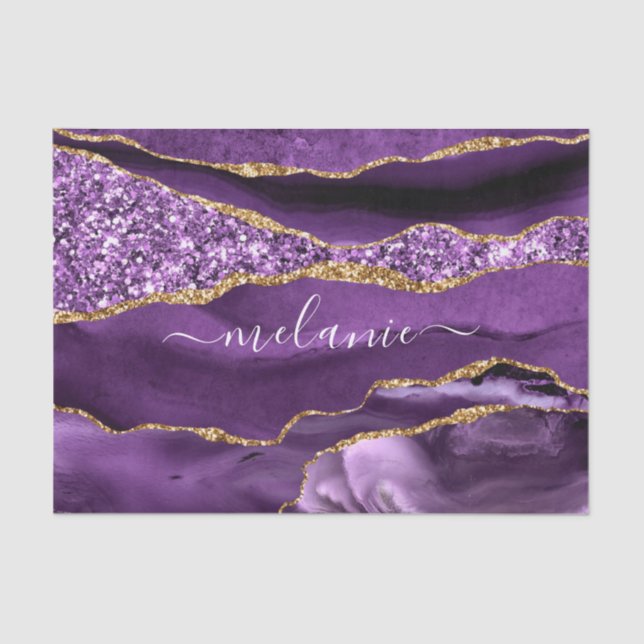 Agate Purple Gold Glitter Custom Name Tissue Paper (Front)