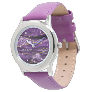 Agate Purple Gold Glitter Custom Name Watch Gift