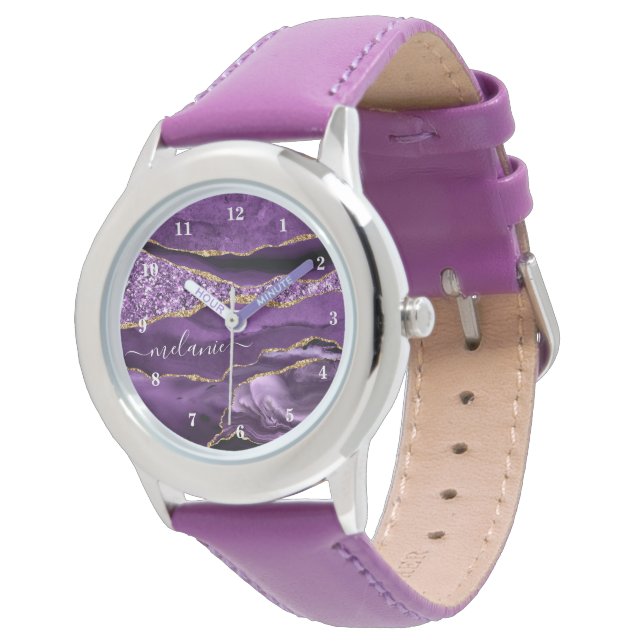 Agate Purple Gold Glitter Custom Name Watch Gift (Angled)