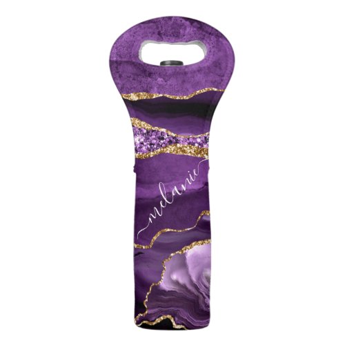 Agate Purple Gold Glitter Custom Name Wine Bag