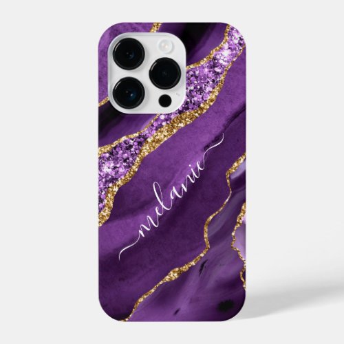 Agate Purple Gold Glitter Custom Name Your Gift iPhone 14 Pro Case