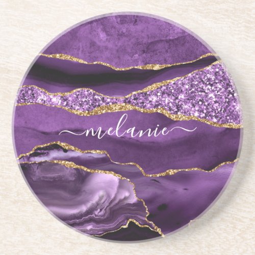 Agate Purple Gold Glitter Geode Your Name Coaster