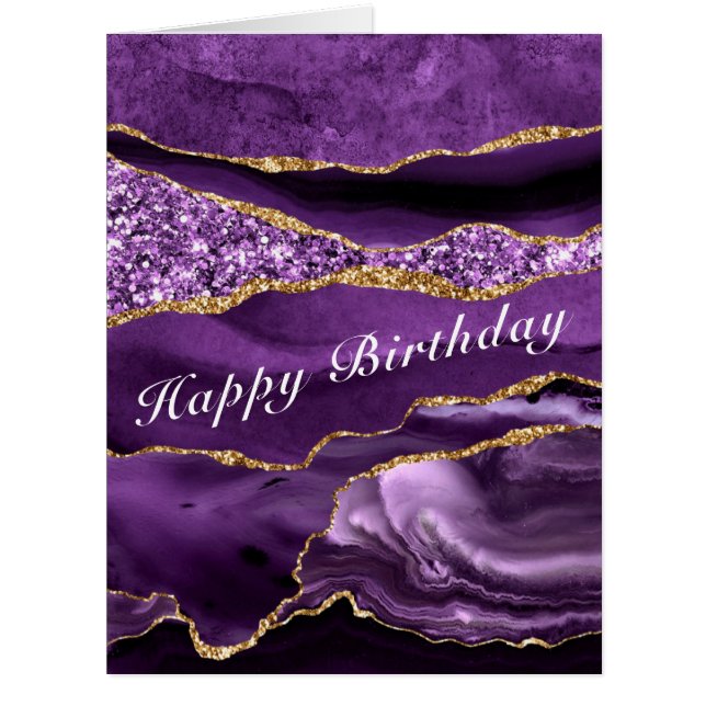 Agate Purple Gold Glitter Happy Birthday Card (Front)