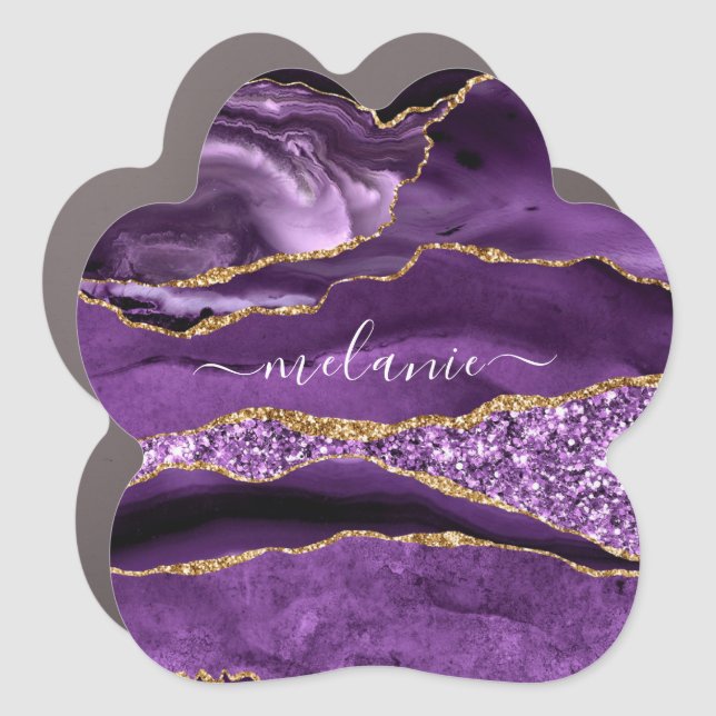 Agate Purple Gold Glitter Marble Custom Name Car Magnet (Front)