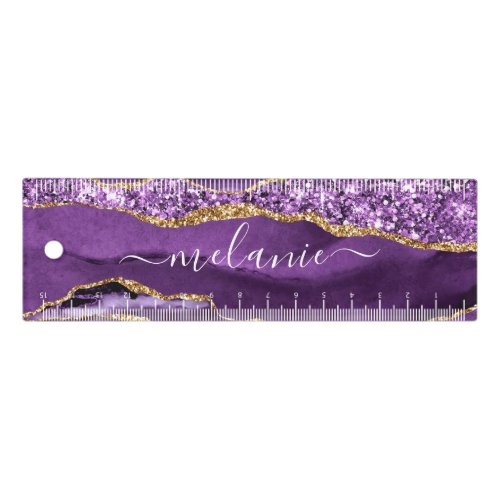 Agate Purple Gold Glitter Marble Custom Name Ruler