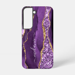 Agate Purple Gold Glitter Marble Custom Name Samsung Galaxy S22 Case