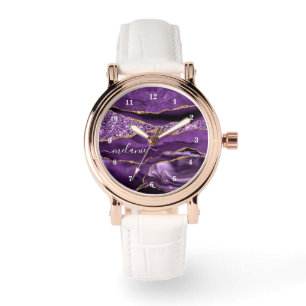 Agate Purple Gold Glitter Marble Custom Name Watch