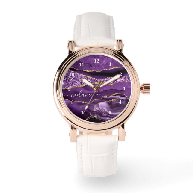 Agate Purple Gold Glitter Marble Custom Name Watch (Front)