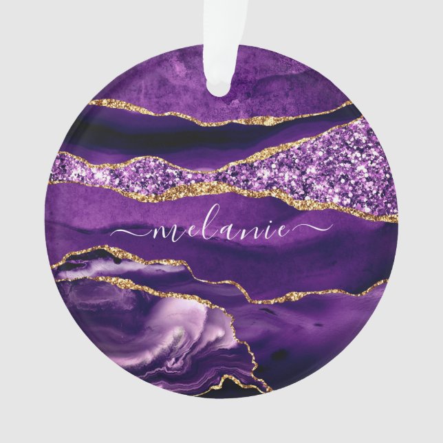 Agate Purple Gold Glitter Marble Custom Your Name Ornament (Front)