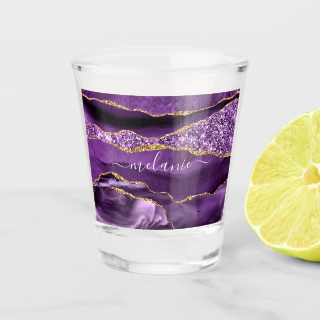 Agate Purple Gold Glitter Personalized Custom Name Shot Glass (Front)