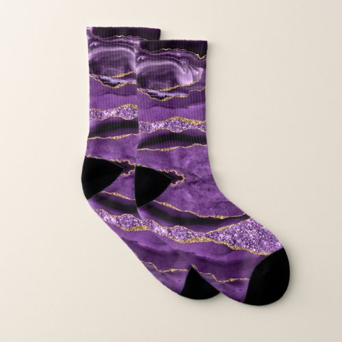 Agate Purple Gold Glitter Sparkle Marble Socks