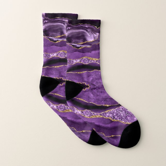 Agate Purple Gold Glitter Sparkle Marble Socks (Pair)