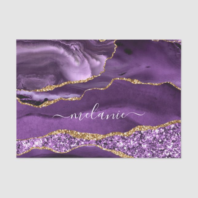 Agate Purple Gold Glitter Tissue Paper Custom Name (Front)