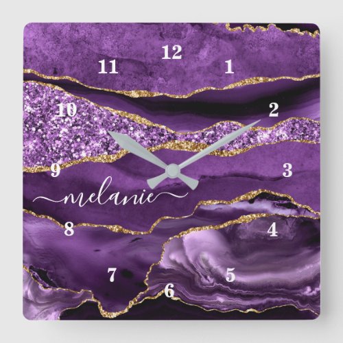 Agate Purple Gold Glitter Wall Clock Custom Name
